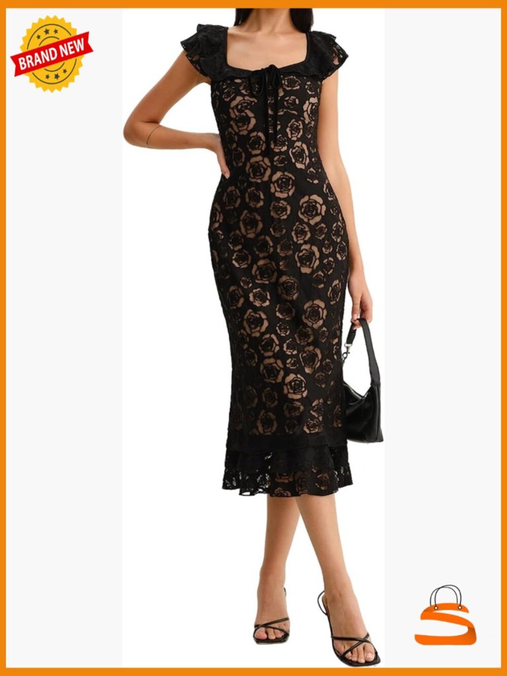 Elegant Midi Length Formal Dress with Floral Lace - Cocktail Gown